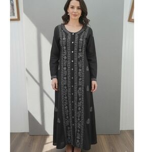 Sacred Threads Maxi Dress Womens Sz S/M Floral Embroidered Bohemian Button Front